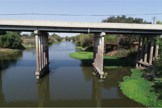 View of bridge, pillars, and rivers of Crows Landing Bridge